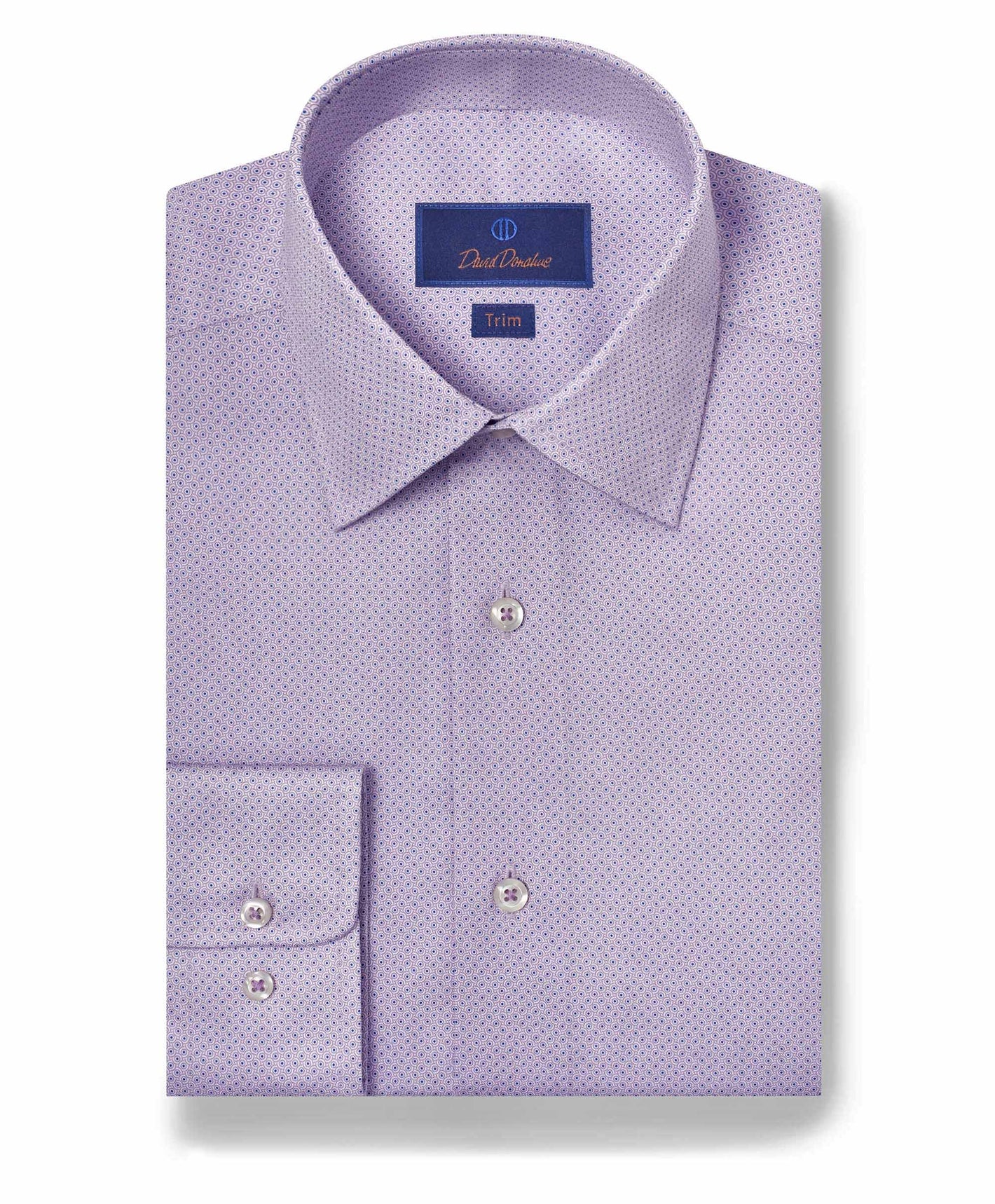 The David Donahue Geometric Dot Print Dress Shirt 10010 is a men’s long-sleeve, button-up in light purple with a subtle geometric pattern, crafted from 100% cotton—ideal for formal events.