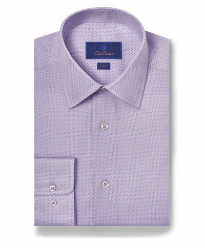 The David Donahue Geometric Dot Print Dress Shirt 10010 is a men’s long-sleeve, button-up in light purple with a subtle geometric pattern, crafted from 100% cotton—ideal for formal events.