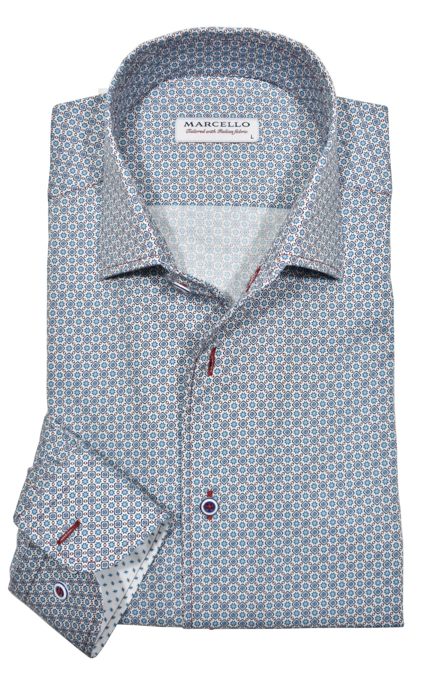 The Marcello Sport Shirt Diamond Geo W-890R features a blue geometric pattern, red and white button accents, a unique placket, and the Marcello label inside the collar.