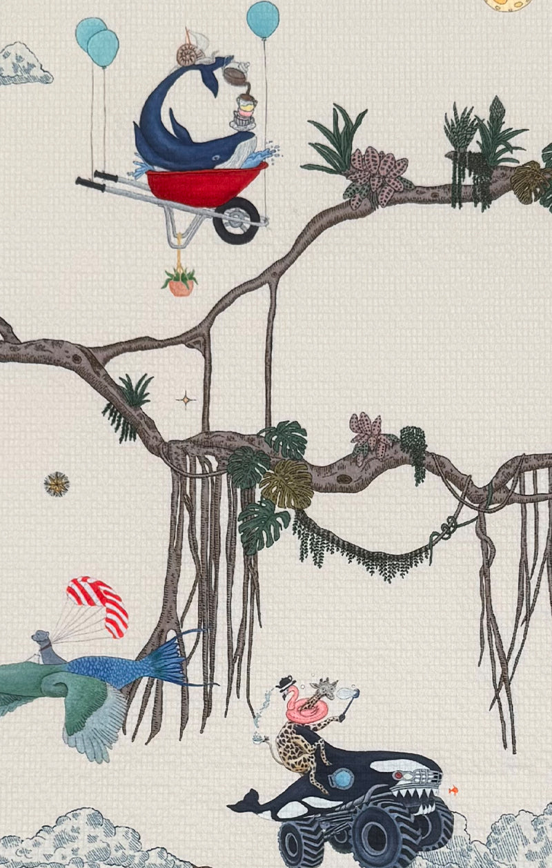 Featuring playful illustrations from the Tori Richard Print Curious Sky Shirt (T0197M0419) by Tori Richard: a shark rides in a wheelbarrow lifted by balloons, a vibrant Hawaiian-inspired bird carries a fox, and a leopard cruises in a car beneath drifting clouds and hanging vines.