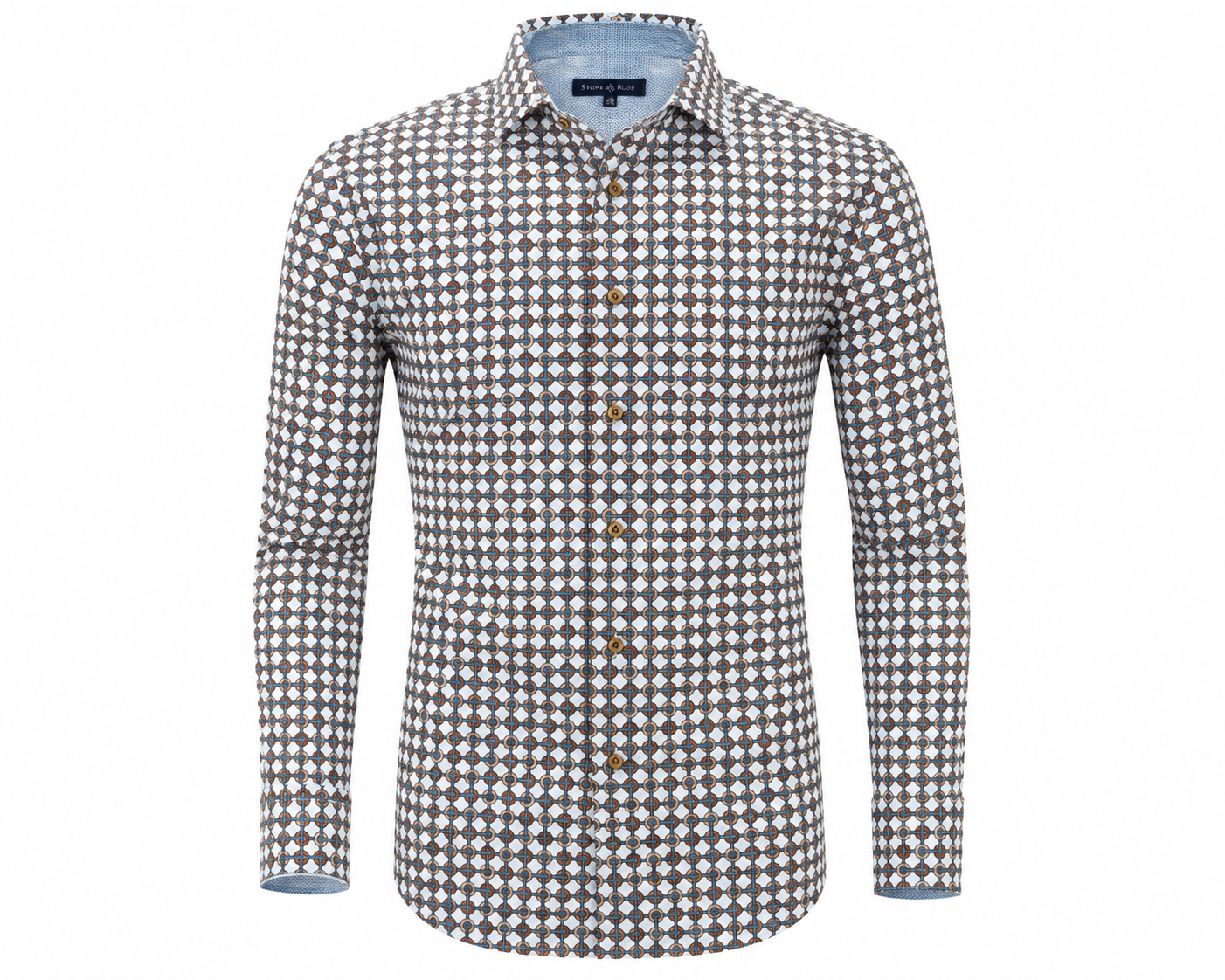 Stone Rose Rings & Ropes RNRLSW52: This long-sleeve, button-up shirt by Stone Rose features a bold geometric rings and ropes pattern in brown and white, complemented by a light blue inner collar reminiscent of a classic dress shirt and finished with brown buttons. Displayed on a plain white background.