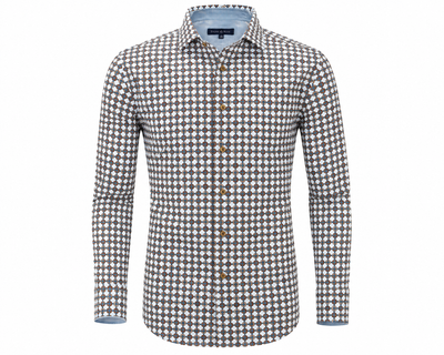 Stone Rose Rings & Ropes RNRLSW52: This long-sleeve, button-up shirt by Stone Rose features a bold geometric rings and ropes pattern in brown and white, complemented by a light blue inner collar reminiscent of a classic dress shirt and finished with brown buttons. Displayed on a plain white background.