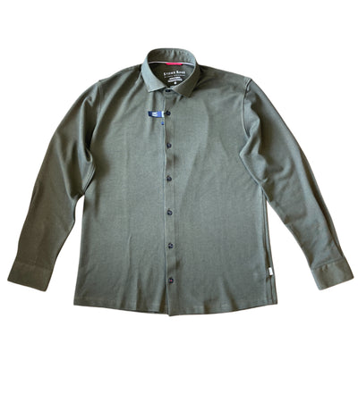 The Stone Rose LS T-Series 2K7T152 is an olive green, long-sleeve button-up shirt with a collar and DryTouch technology, shown laid flat on a white background.