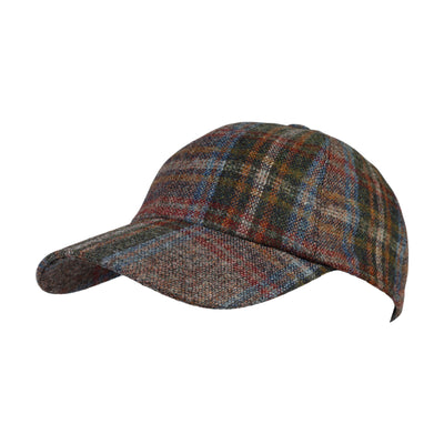 The Wigens Baseball Urban Cap 120720 by Wigens features a plaid pattern in shades of brown, blue, green, and red on textured Melton wool fabric, finished with a curved brim.