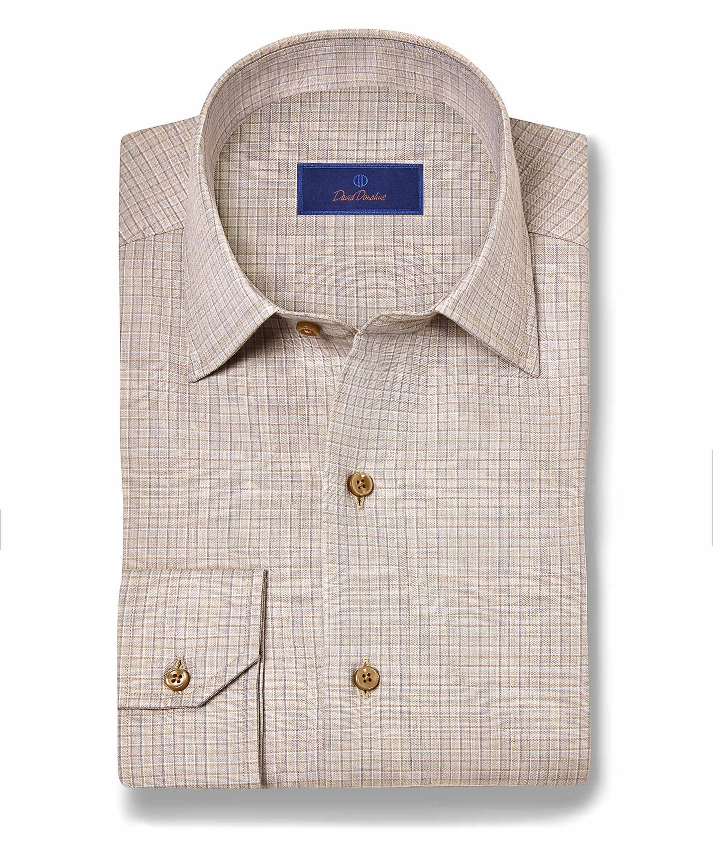 The David Donahue Mini Plaid Shirt CBSM11826 is a folded long-sleeve shirt in beige with a mini plaid pattern and buttoned cuffs, shown against a white background.