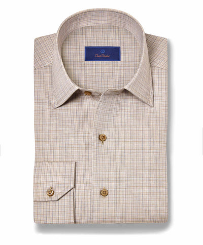The David Donahue Mini Plaid Shirt CBSM11826 is a folded long-sleeve shirt in beige with a mini plaid pattern and buttoned cuffs, shown against a white background.