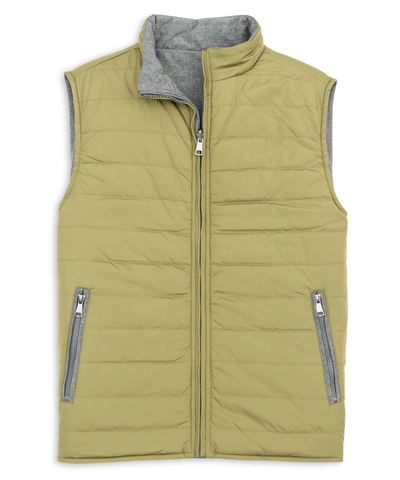 The Scott Barber Reversible Quilted Vest V77200 by Scott Barber is shown flat on a white background, featuring light olive green channel quilting, a two-way zipper, two zippered side pockets, and a grey inner lining.