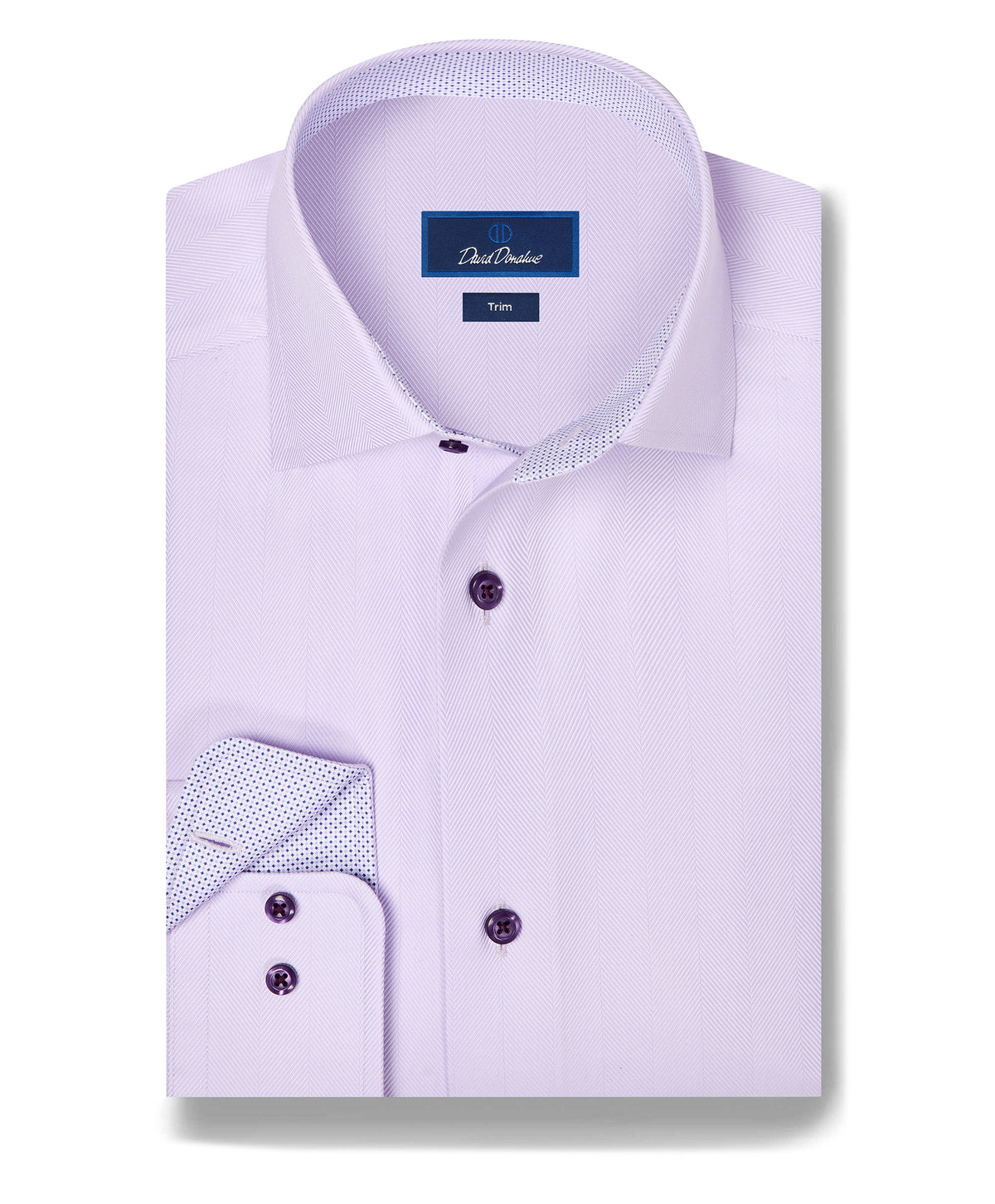 The David Donahue Contrast Herringbone Solid Dress Shirt TBMS13100 features light purple fabric, dark purple buttons, and a patterned inner cuff, neatly folded on a white background.