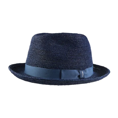 The Wigens Classic Hat 140321 is a dark blue raffia straw fedora, featuring a matching ribbon band and small side bow—a stylish summer accessory from Wigens.