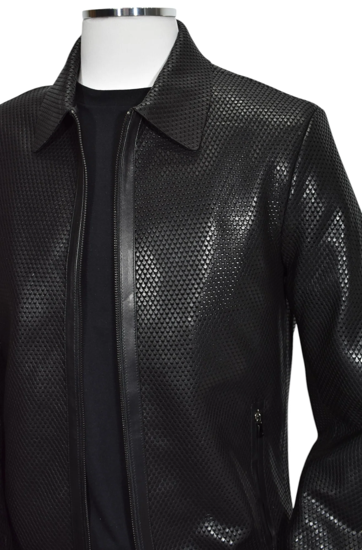 Marcello Python Stamped Nappa Leather Jacket J232 in black python embossed leather with a subtle snakeskin-textured pattern, featuring a pointed collar and a zippered front.