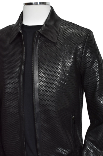 Marcello Python Stamped Nappa Leather Jacket J232 in black python embossed leather with a subtle snakeskin-textured pattern, featuring a pointed collar and a zippered front.