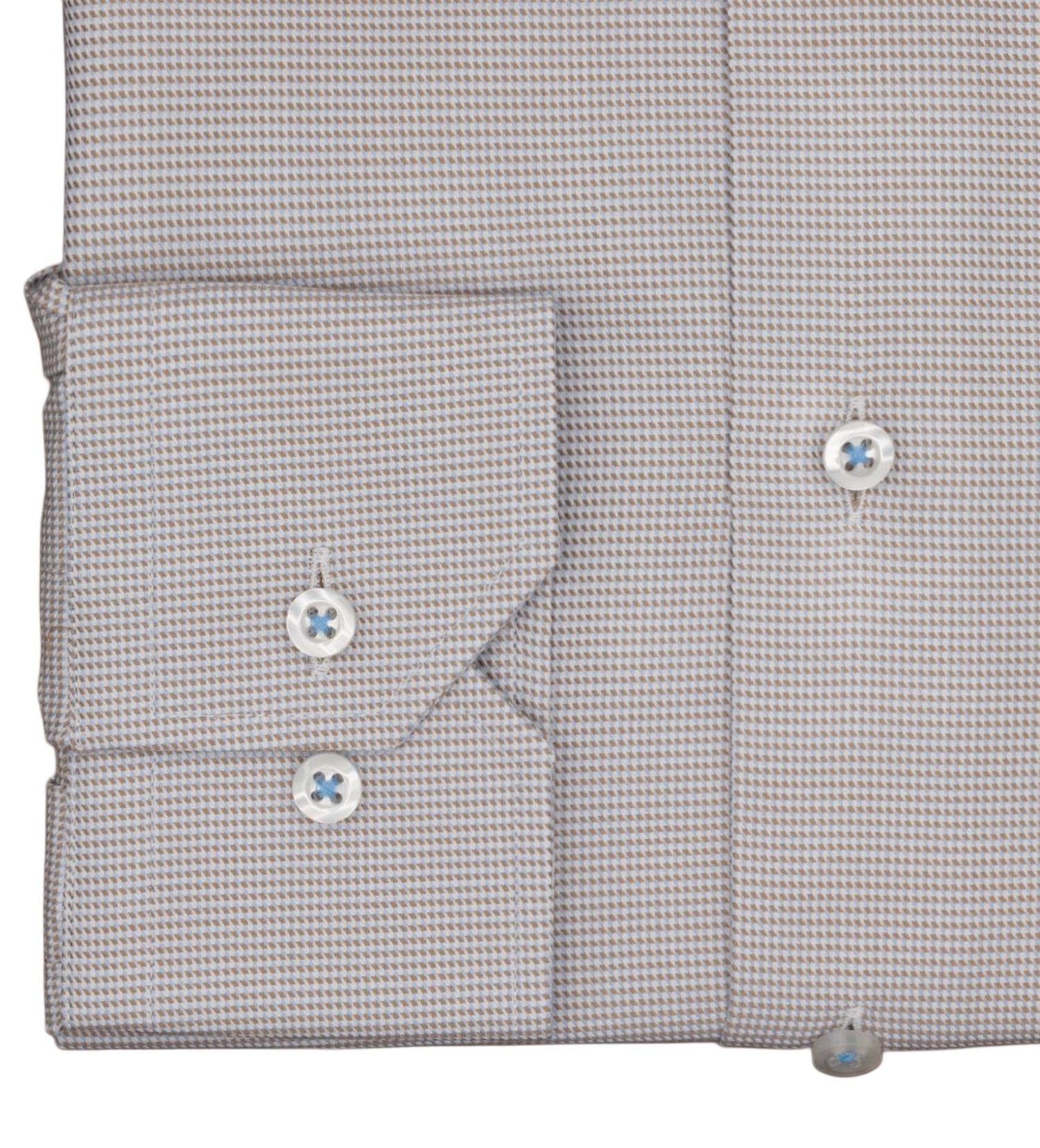 Close-up of the folded Hagen Micro Check Shirt MB5604232 by Hagen, featuring a refined small check pattern and crafted from premium cotton—ideal for enhancing your formal wardrobe. The image showcases the two-button cuff and part of the front placket with button detail.