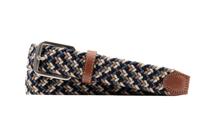 Martin Dingman Newport Braided Elastic Belt with blue, beige, and brown strands, silver buckle, and brown leather loop and tip accents.