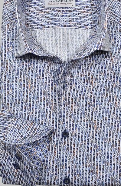 Marcello Dali Vertical Ovals Sport Shirt W228 featuring a repeating pattern of small blue and tan vertical ovals.