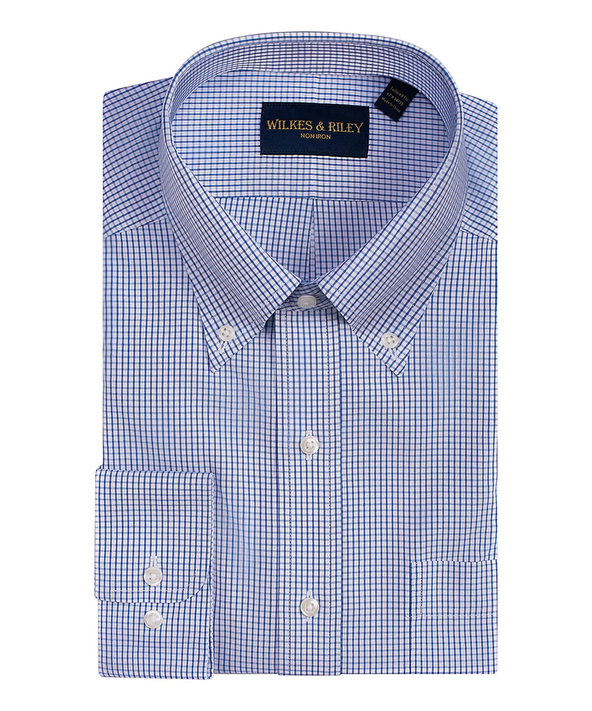 The Wilkes & Riley Blu Graph BD B1361 is a neatly folded long-sleeve non-iron dress shirt with a blue and white checkered pattern, Supima cotton blend, front pocket, and button-down collar.