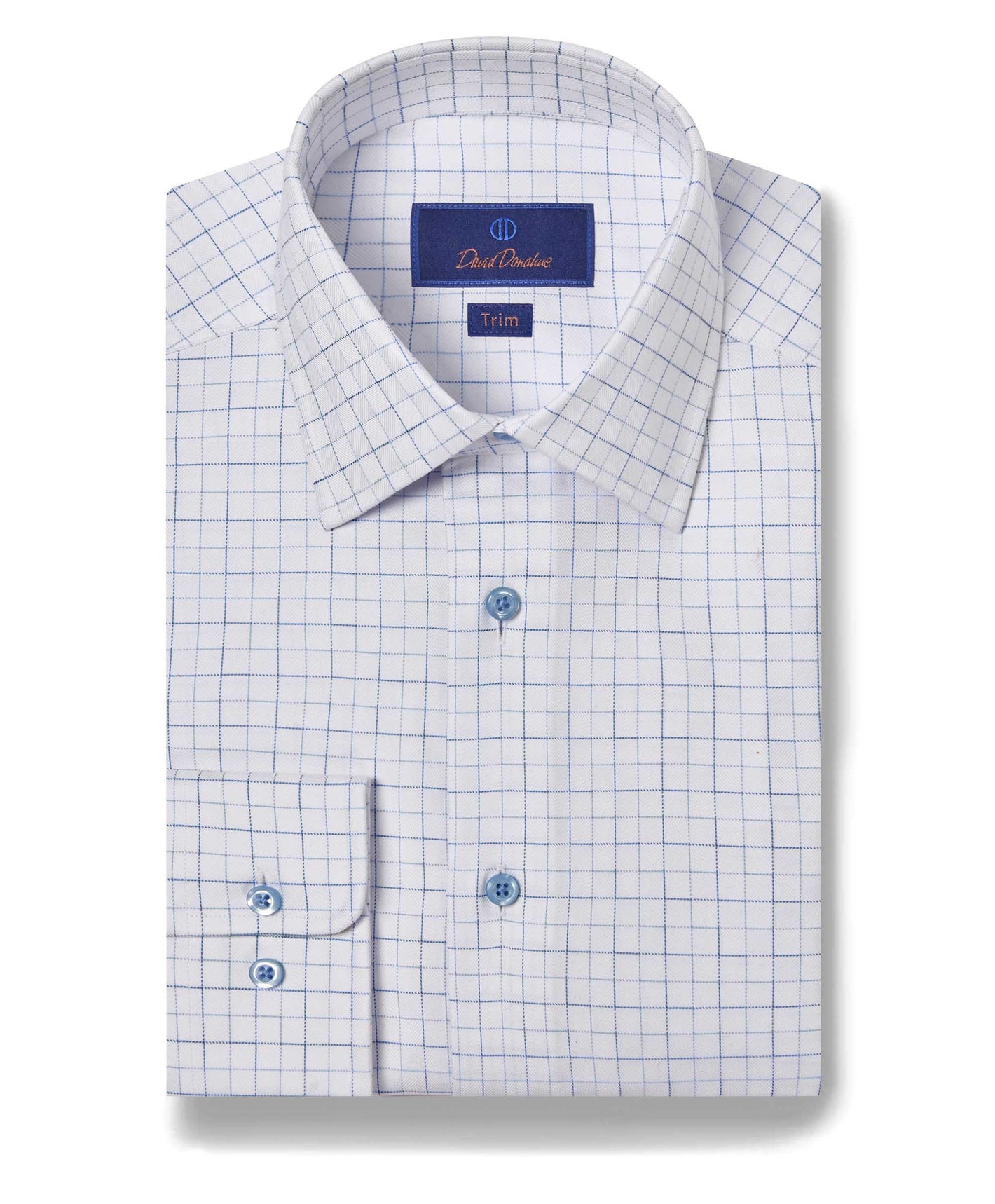 Folded David Donahue White & Blue Open Check Dress Shirt 10811, featuring a blue grid pattern, spread collar, blue buttons, French placket, and "David Donahue Trim" label inside the collar.