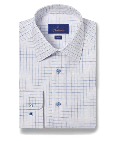 Folded David Donahue White & Blue Open Check Dress Shirt 10811, featuring a blue grid pattern, spread collar, blue buttons, French placket, and "David Donahue Trim" label inside the collar.