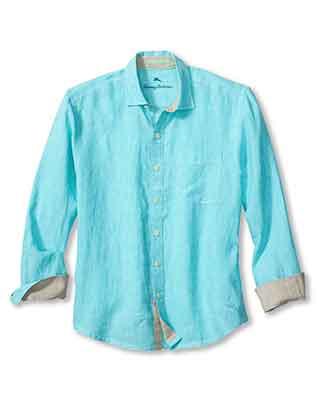 The Tommy Bahama Paradise Breezer Linen Shirt is a light blue long-sleeve button-up with a collar and cuffed sleeves, shown flat on a white background.