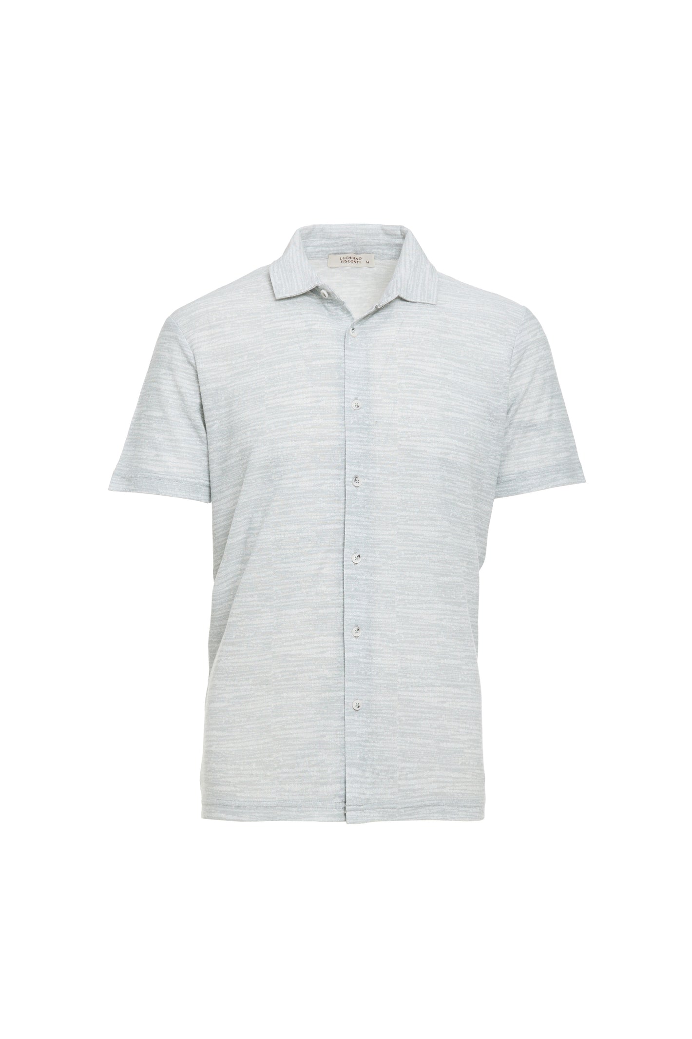The Visconti Printed Como Knit Short Sleeve Shirt MORLSS54 by Luchiano Visconti features a light grey color, subtle horizontal stripes, and refined Italian craftsmanship, displayed on a plain white background.