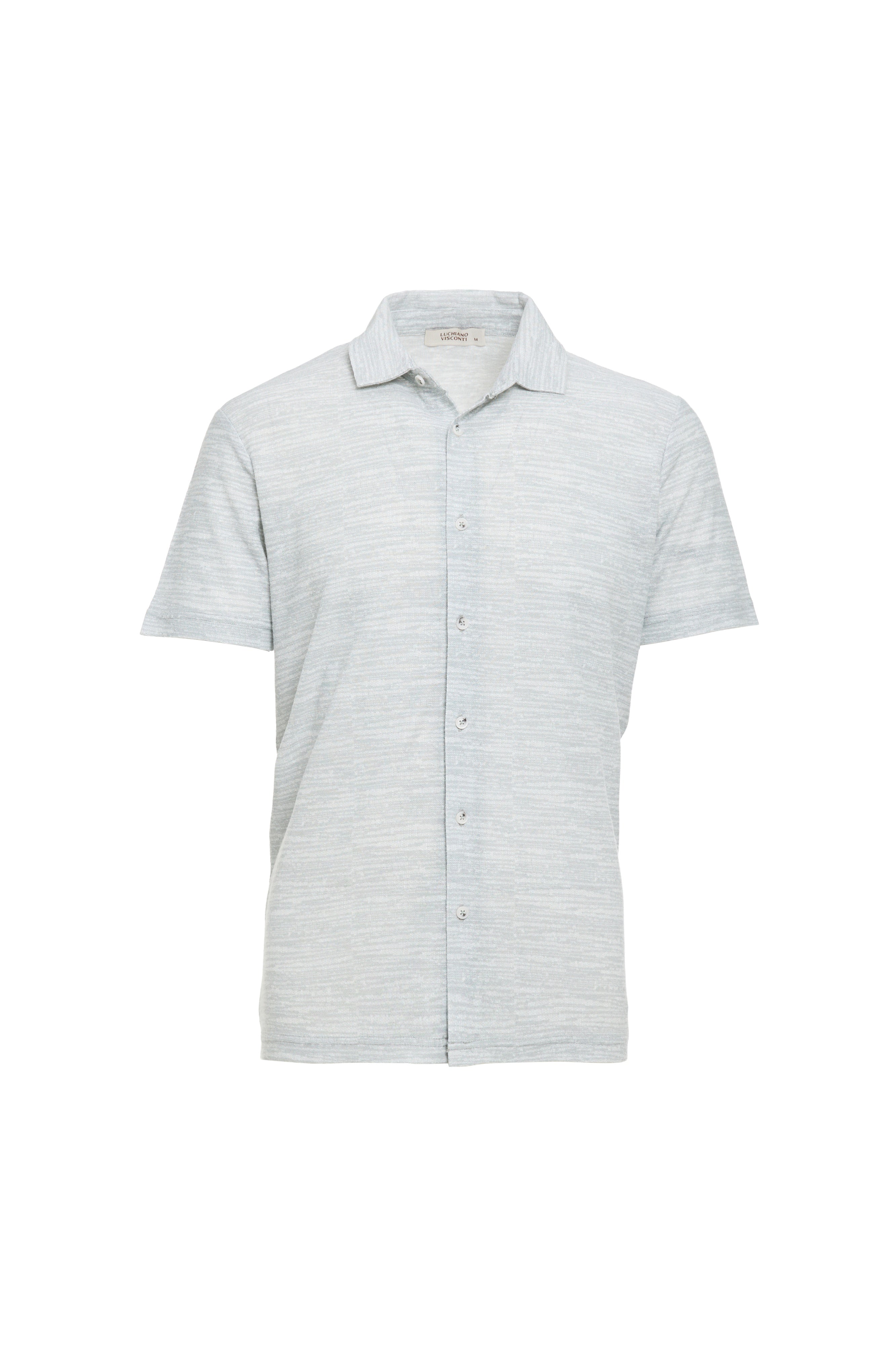 The Visconti Printed Como Knit Short Sleeve Shirt MORLSS54 by Luchiano Visconti features a light grey color, subtle horizontal stripes, and refined Italian craftsmanship, displayed on a plain white background.