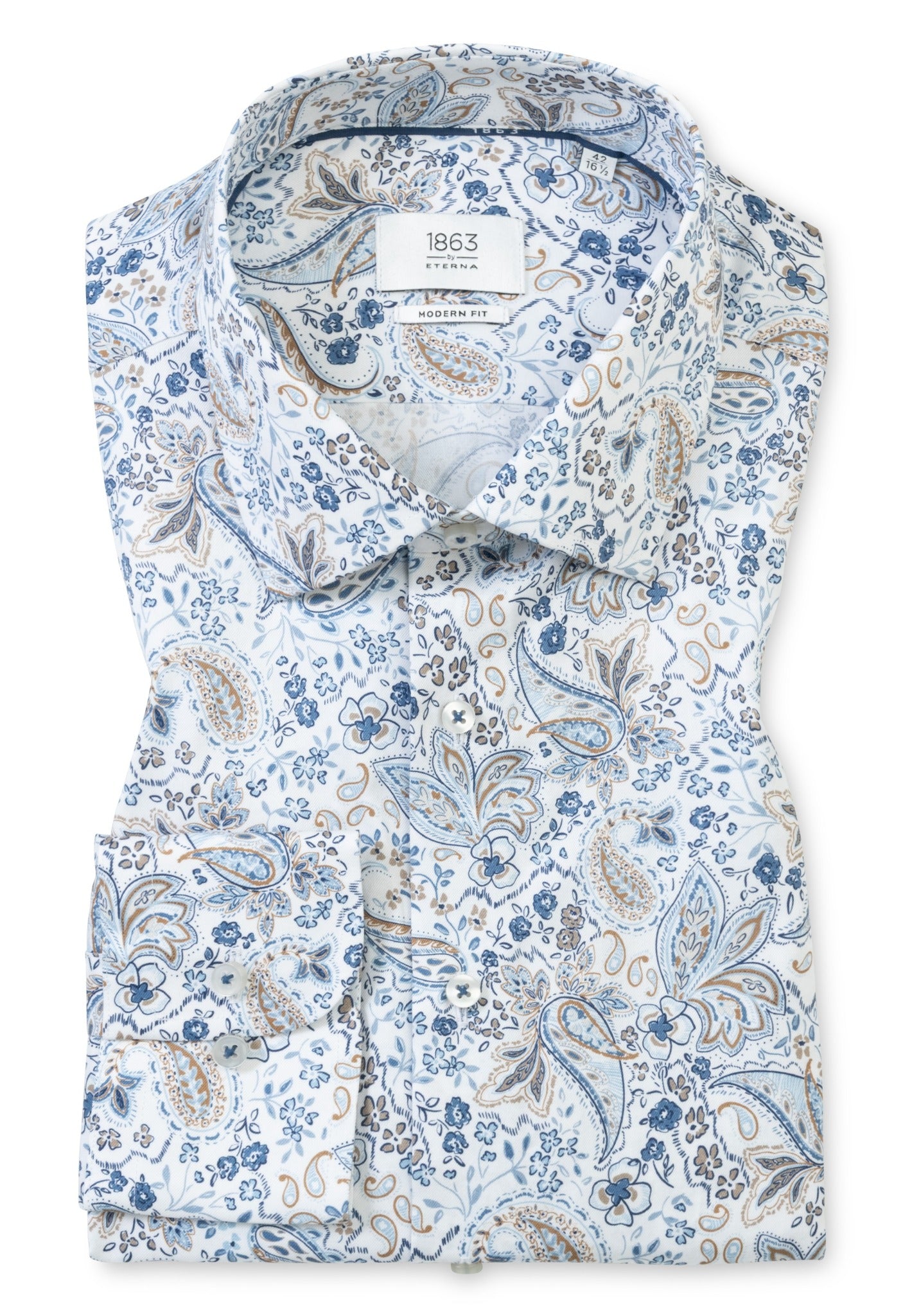 The Eterna Modern Kent Shirt 1423-X687 is a folded, long-sleeve non-iron dress shirt by Eterna, featuring a blue, beige, and white floral and paisley pattern in a contemporary fit, shown on a plain white background.
