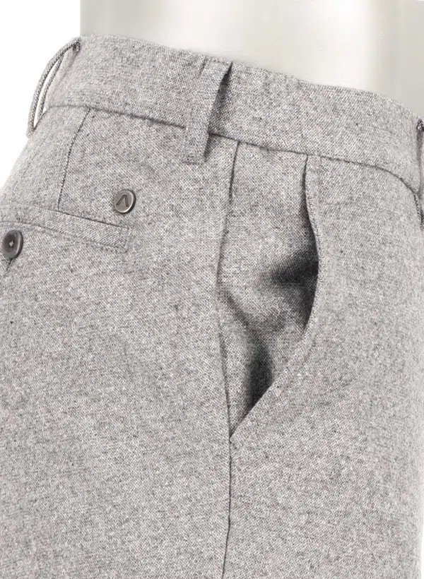 Close-up of Alberto LOU Italian Wool & Silk Blend Tweed Pants in light grey, featuring a side pocket, belt loops, and a buttoned back pocket.