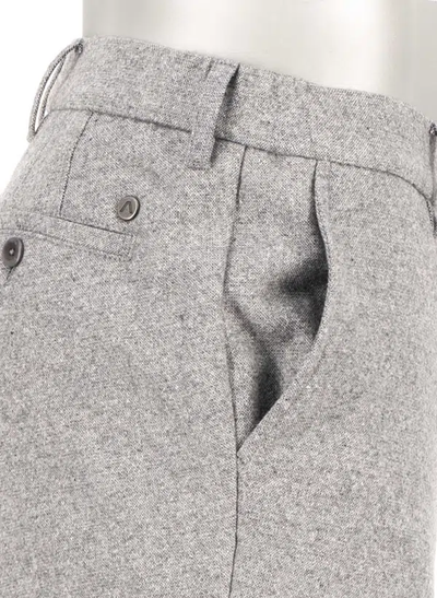 Close-up of Alberto LOU Italian Wool & Silk Blend Tweed Pants in light grey, featuring a side pocket, belt loops, and a buttoned back pocket.