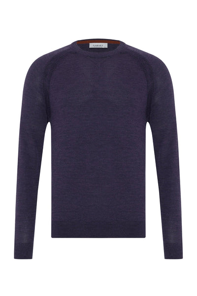 The Garnet Milano Crew Sweater 2522003CS by Garnet, a long-sleeved purple crewneck made from Italian yarn, is shown against a white background.