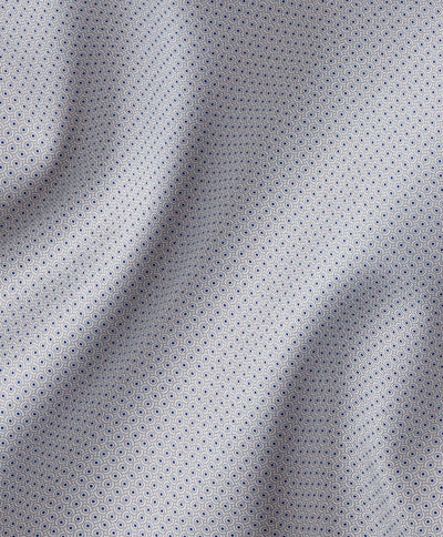 Close-up of the David Donahue Geometric Dot Print Dress Shirt 10010, featuring light grey 100% cotton fabric and a repeating small blue dot pattern—perfect for formal occasions.