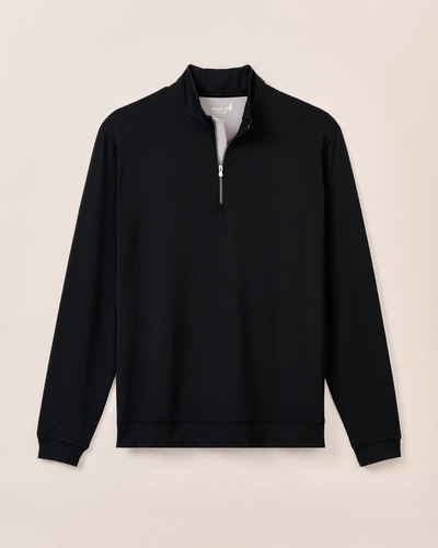 The Johnnie-O Motion Big & Tall 1/4 Zip Swtr is a black performance stretch pullover with long sleeves, a standing collar, front quarter zipper, and ribbed cuffs, shown against a plain light background.