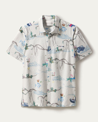 Introducing the Tori Richard Print Curious Sky Shirt (T0197M0419) by Tori Richard—a short-sleeve button-up shirt featuring a crisp white base adorned with a vibrant print inspired by Hawaiian birds, trees, and water. Expertly crafted in Hawaii from soft cotton lawn, this shirt provides a breezy and comfortable fit perfect for any casual occasion.