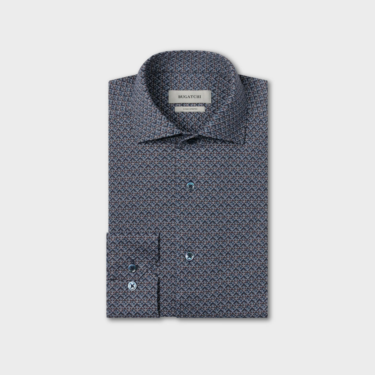 The Bugatchi Devon Geometric Sport Shirt (KF9431K80) is a folded, long-sleeve button-up shirt crafted from OoohCotton® wrinkle-resistant performance fabric, featuring a blue and brown geometric pattern, a collar, and a visible Bugatchi brand label.