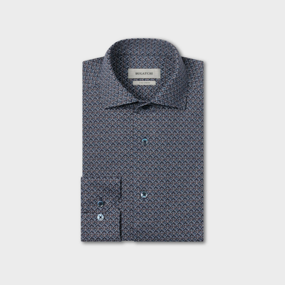 The Bugatchi Devon Geometric Sport Shirt (KF9431K80) is a folded, long-sleeve button-up shirt crafted from OoohCotton® wrinkle-resistant performance fabric, featuring a blue and brown geometric pattern, a collar, and a visible Bugatchi brand label.