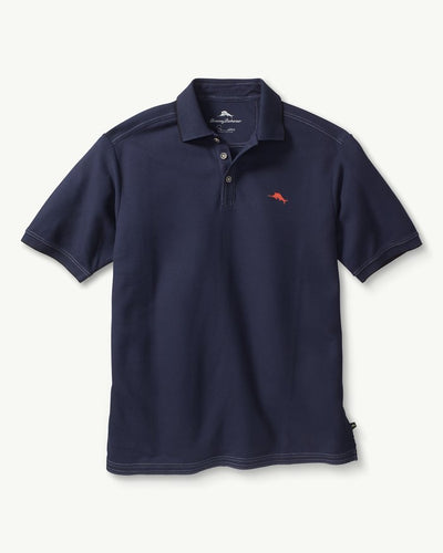 The Tommy Bahama Emfielder Polo Big & Tall is a navy blue short-sleeve shirt featuring a collar, three buttons, and a small red marlin logo on the left chest.