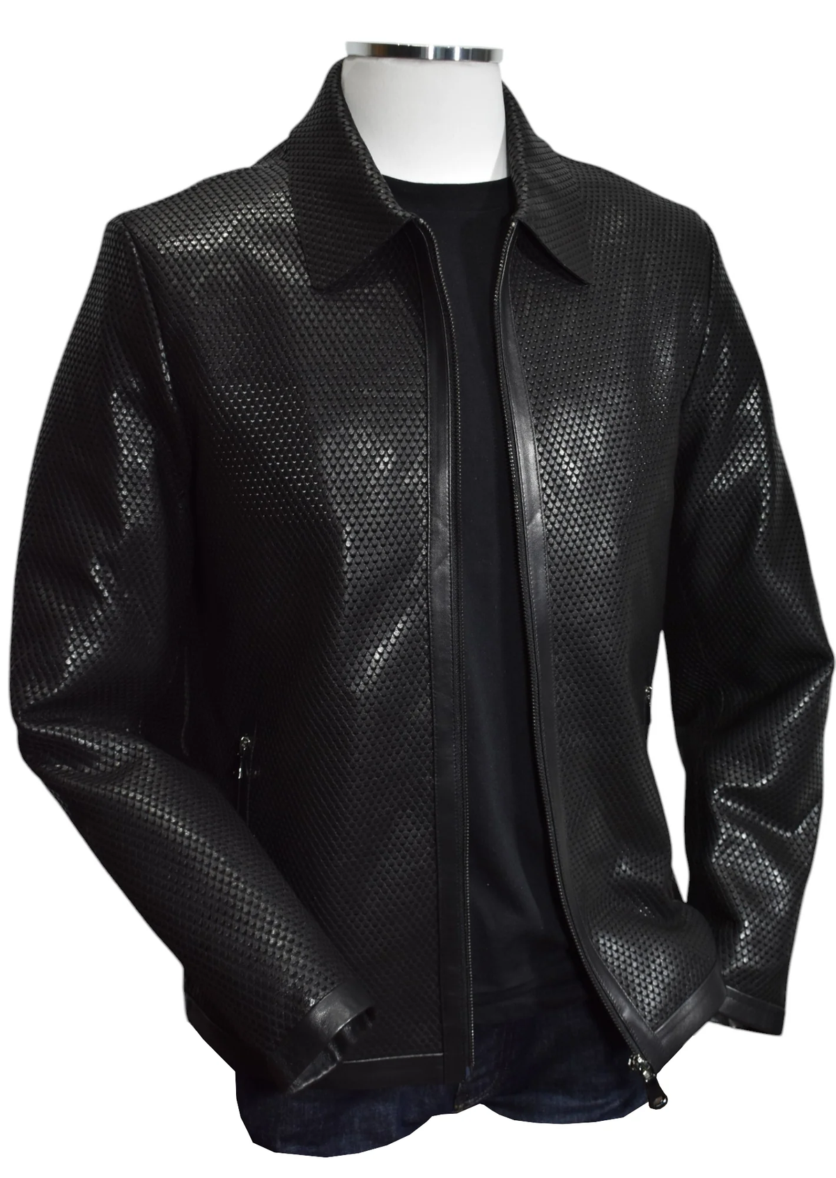 Marcello Python Stamped Nappa Leather Jacket J232 in black leather with a luxury python embossed pattern and a full-length front zipper.