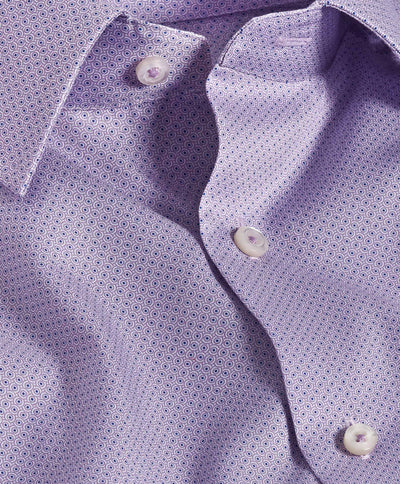 Close-up of the David Donahue Geometric Dot Print Dress Shirt 10010, a purple 100% cotton shirt with a small geometric pattern and white buttons, partially unbuttoned.