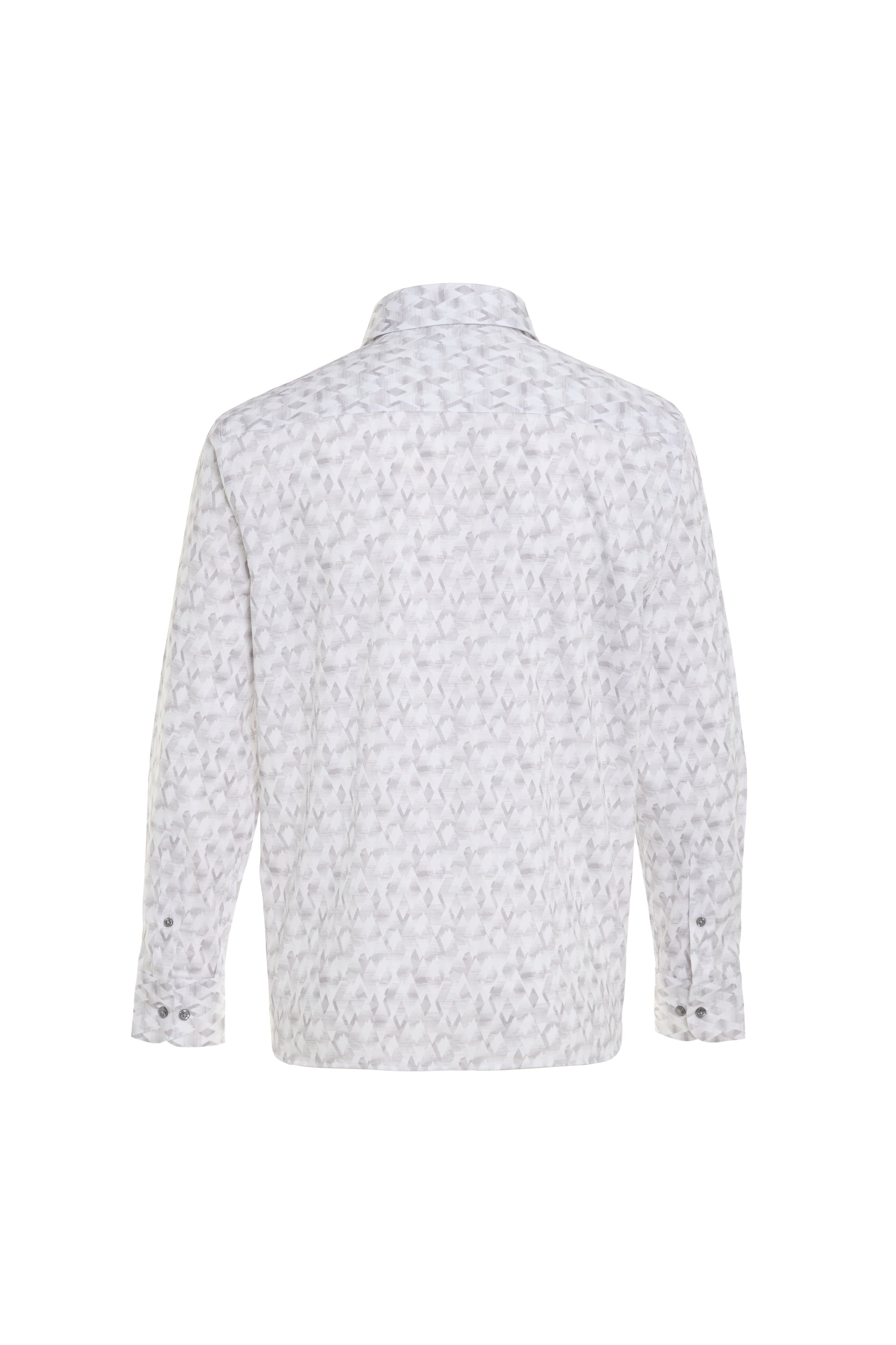 Back view of the Luchiano Visconti Grey Montagne Abstract Shirt (BILSEV54), featuring Italian craftsmanship and a subtle gray abstract pattern on a white background, with long sleeves and button cuffs.