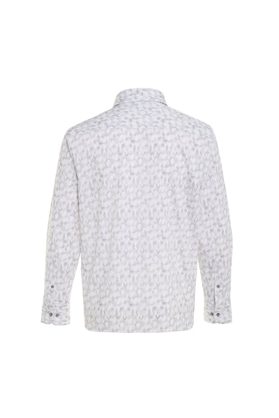 Back view of the Luchiano Visconti Grey Montagne Abstract Shirt (BILSEV54), featuring Italian craftsmanship and a subtle gray abstract pattern on a white background, with long sleeves and button cuffs.