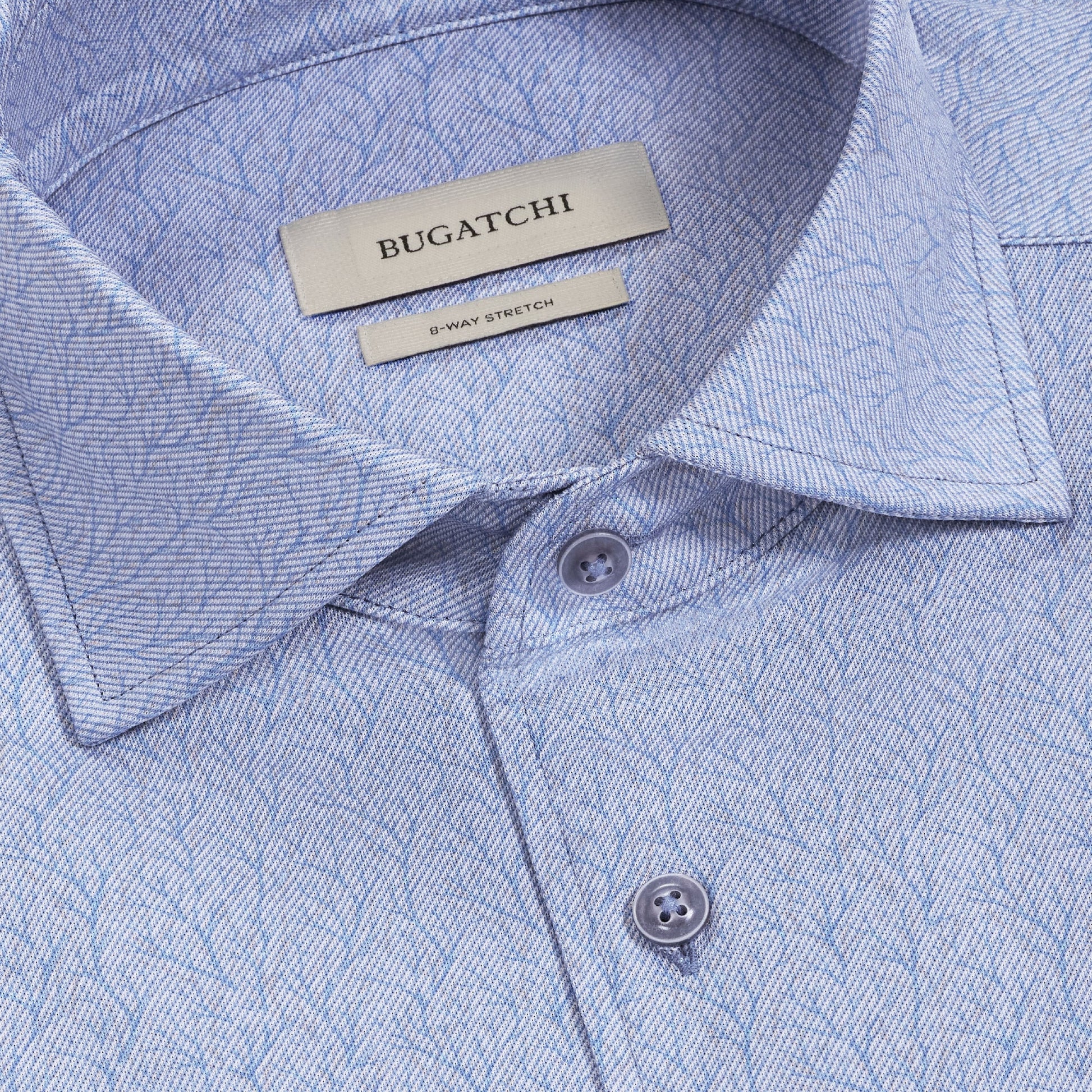 Close-up of the Bugatchi Devon Foliage Prt Sport Shirt in light blue, featuring a subtle geometric pattern, buttoned collar, and visible Bugatchi brand label inside the collar.
