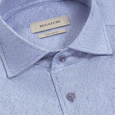 Close-up of the Bugatchi Devon Foliage Prt Sport Shirt in light blue, featuring a subtle geometric pattern, buttoned collar, and visible Bugatchi brand label inside the collar.