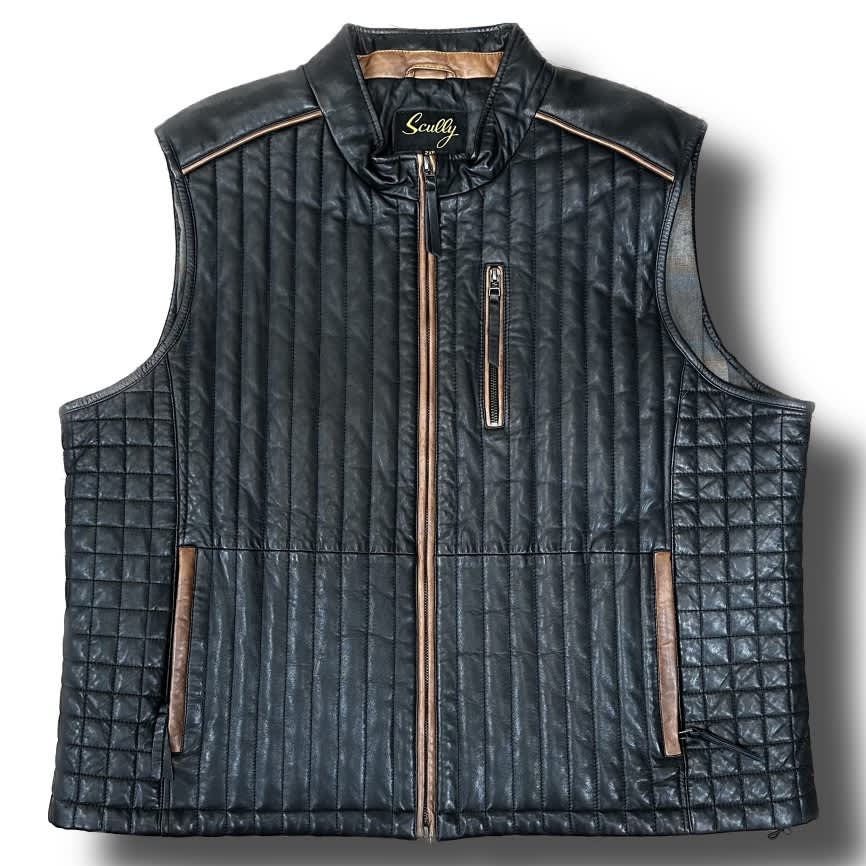 The Scully Leather Vest 70 Big & Tall by Scully features black quilted leather, zip front, brown trim, stand collar, and vertical chest pocket—shown on white background and perfect for a Western style look.