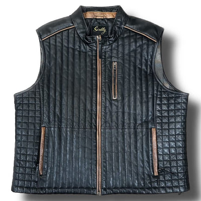 The Scully Leather Vest 70 Big & Tall by Scully features black quilted leather, zip front, brown trim, stand collar, and vertical chest pocket—shown on white background and perfect for a Western style look.