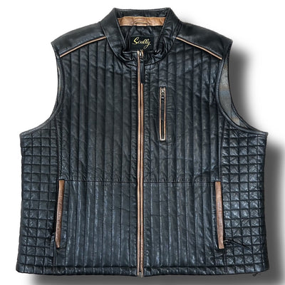 Scully Leather Vest 70 Big & Tall by Scully, featuring black quilted leather with brown trim, zip front, zip chest pocket, and two side pockets in classic Western style, shown on a white background.
