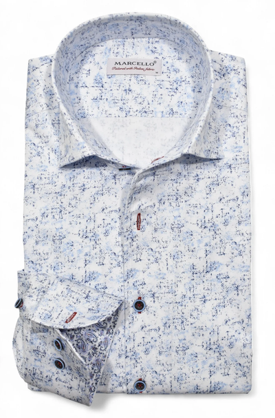 The Marcello Sky Abstract Sport Shirt OP W131 is a folded long-sleeve button-up with an abstract blue pattern on white cotton sateen, featuring the Marcello brand label inside its one-piece collar.