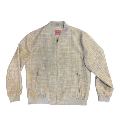 The Enzo Marlow Jacket B79735 by Enzo is a light gray plaid zip-up bomber with ribbed cuffs, collar, and hem, plus two front zip pockets—perfectly paired with an abstract tie-dye shirt for a modern layered style.