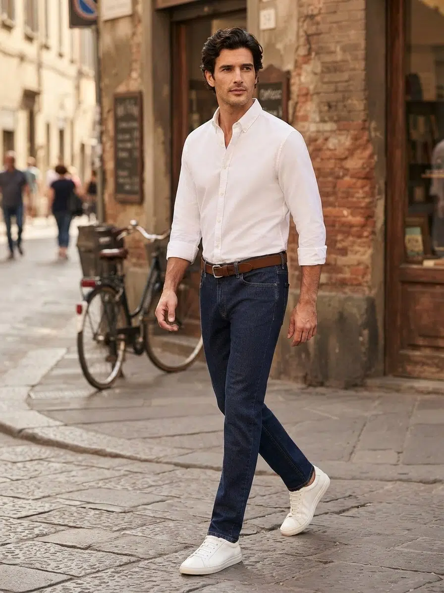 A man in a white shirt, Alberto Bill 1463 Raw Denim jeans by Alberto, and white sneakers walks on a cobblestone street with shops and a bicycle in the background.
