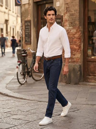 A man in a white shirt, Alberto Bill 1463 Raw Denim jeans by Alberto, and white sneakers walks on a cobblestone street with shops and a bicycle in the background.