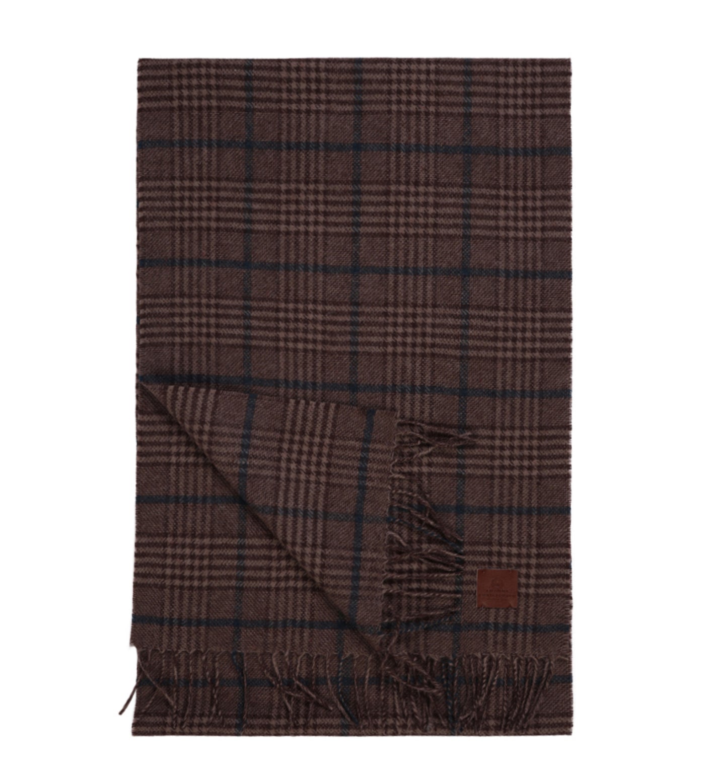 The Amanda Christensen Wool Check Scarf 440705 features a brown plaid design, classic check pattern, fringed edges, and a subtle leather tag—making it an essential winter accessory from Amanda Christensen.