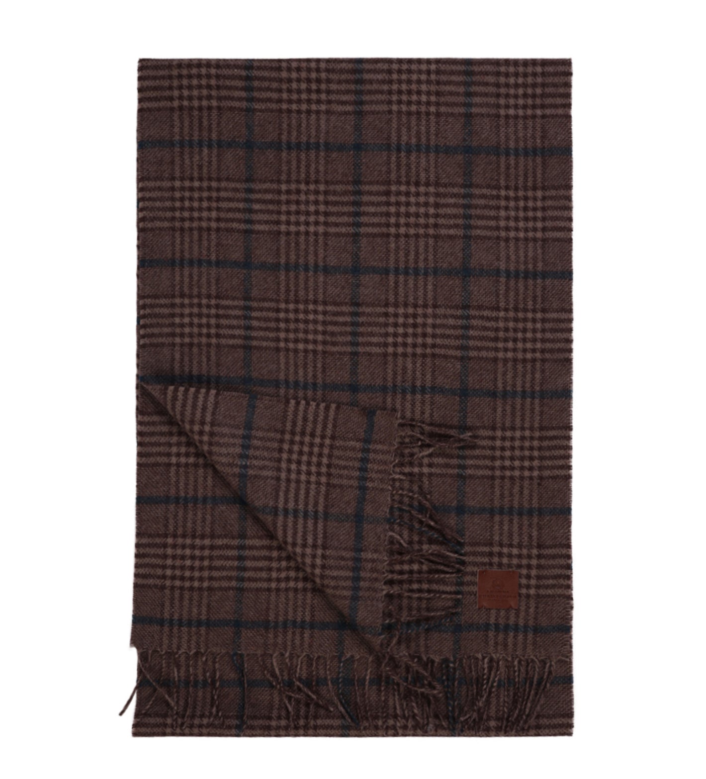 The Amanda Christensen Wool Check Scarf 440705 features a brown plaid design, classic check pattern, fringed edges, and a subtle leather tag—making it an essential winter accessory from Amanda Christensen.