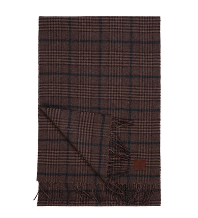 The Amanda Christensen Wool Check Scarf 440705 features a brown plaid design, classic check pattern, fringed edges, and a subtle leather tag—making it an essential winter accessory from Amanda Christensen.